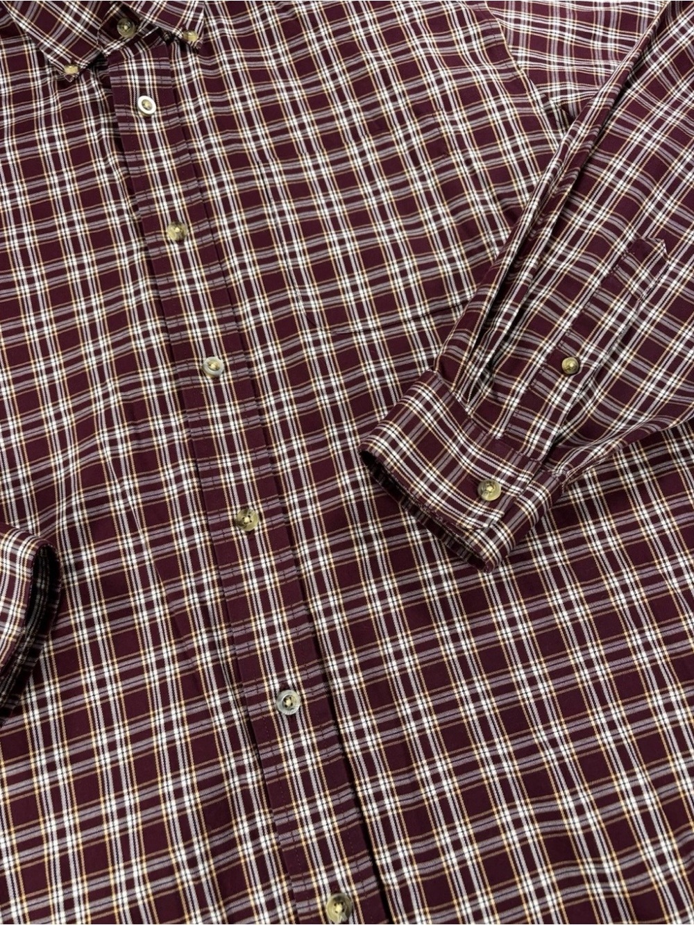 L.L. Bean Men's Large Red & Gold Plaid 100% Cotton Long Sleeve Button Up Shirt
